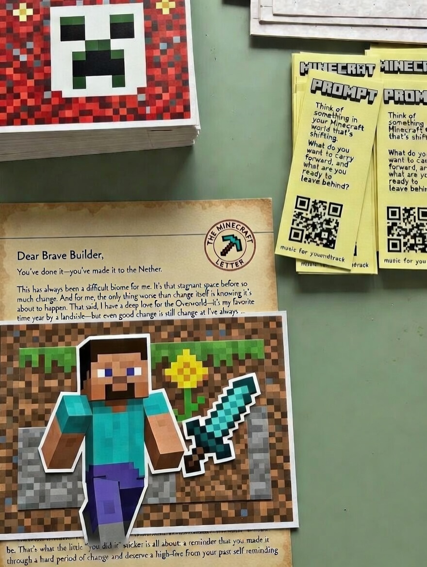 A real Minecraft Letter with stories, stickers, prompt cards, and pixel art