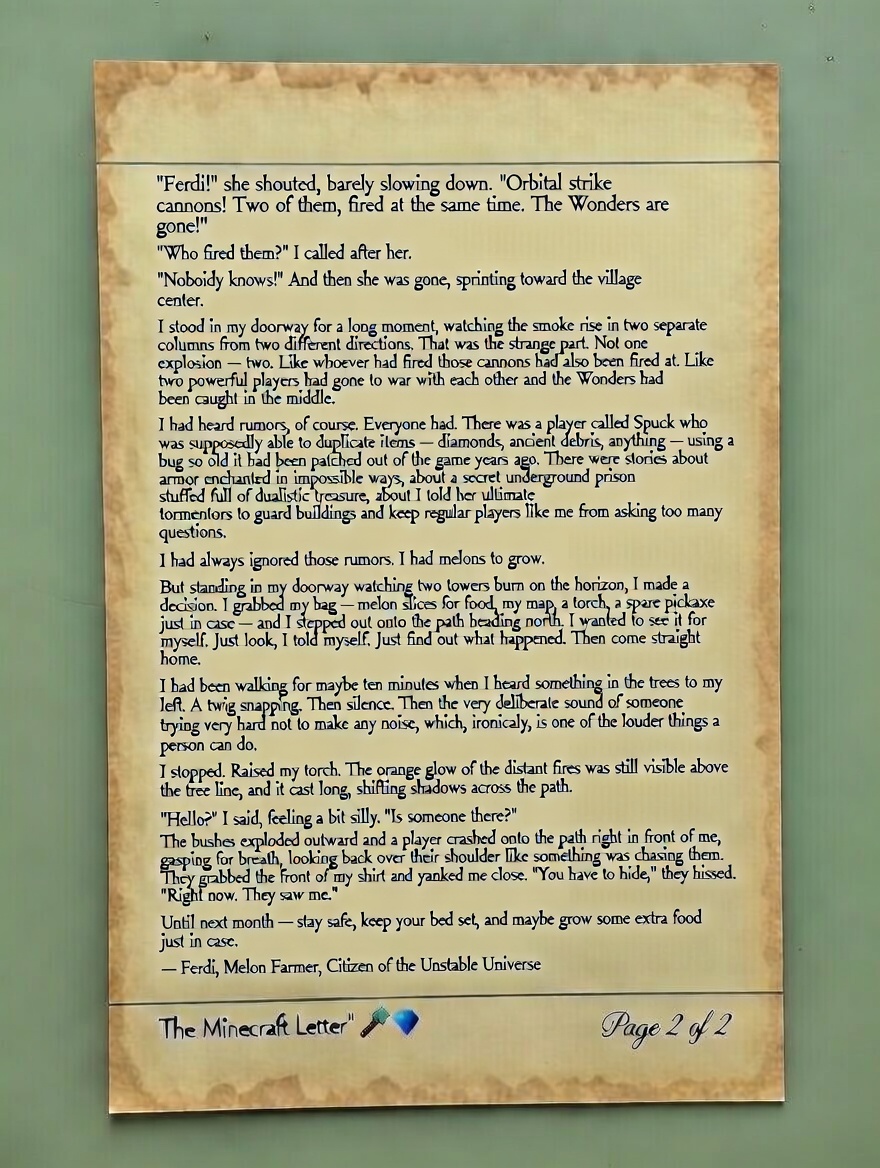 The Minecraft Letter - Page 2: The story continues with rumors about a player called Spuck and a cliffhanger ending