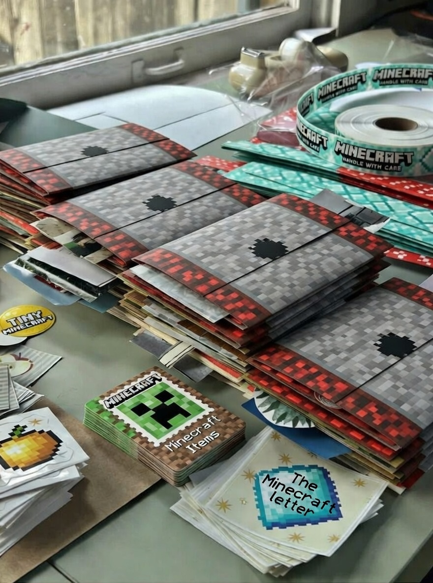 Minecraft Letter envelopes, stickers, and cards being prepared for shipping