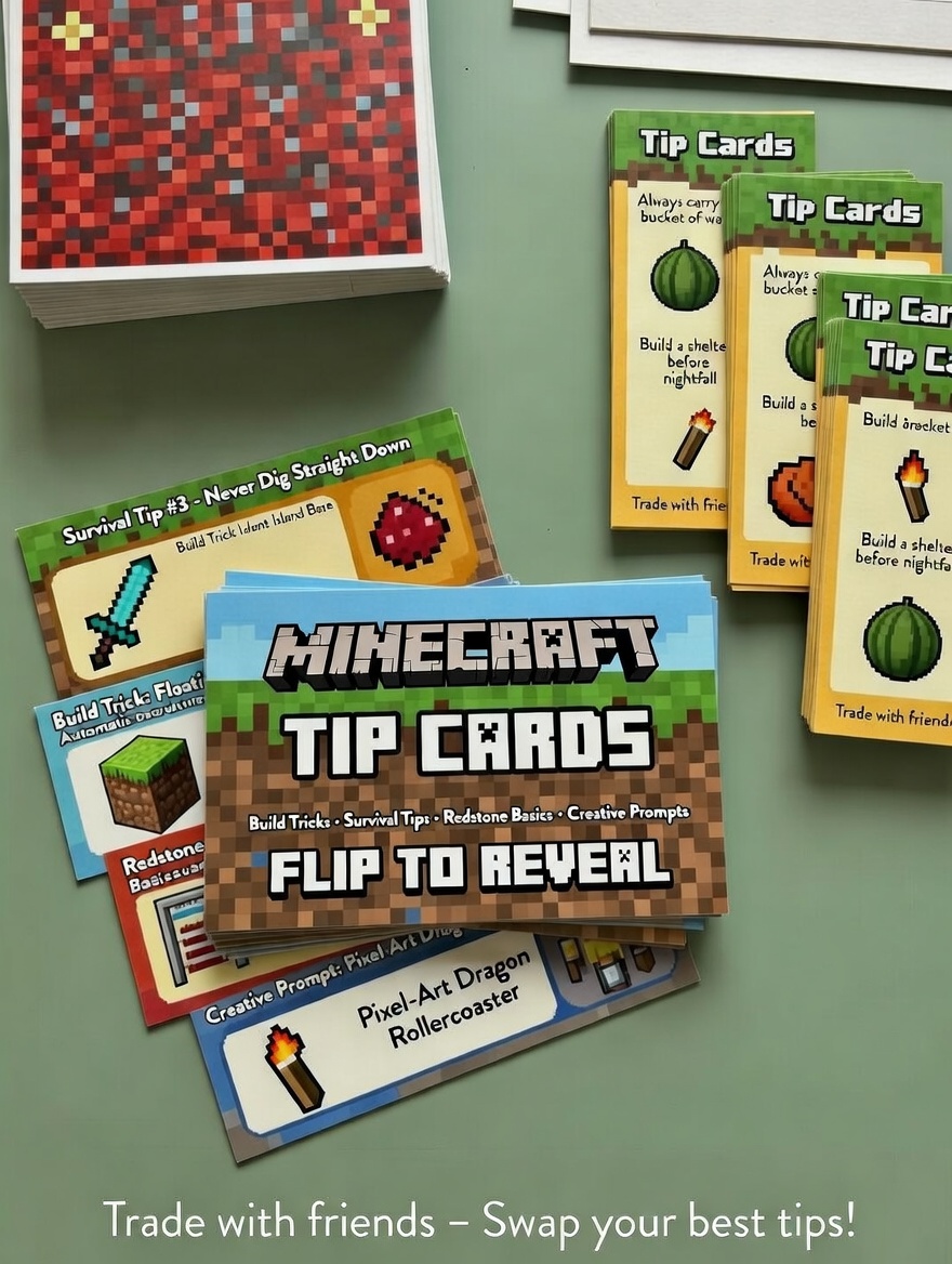 Minecraft Tip Cards with survival tips, build tricks, redstone basics, and creative prompts